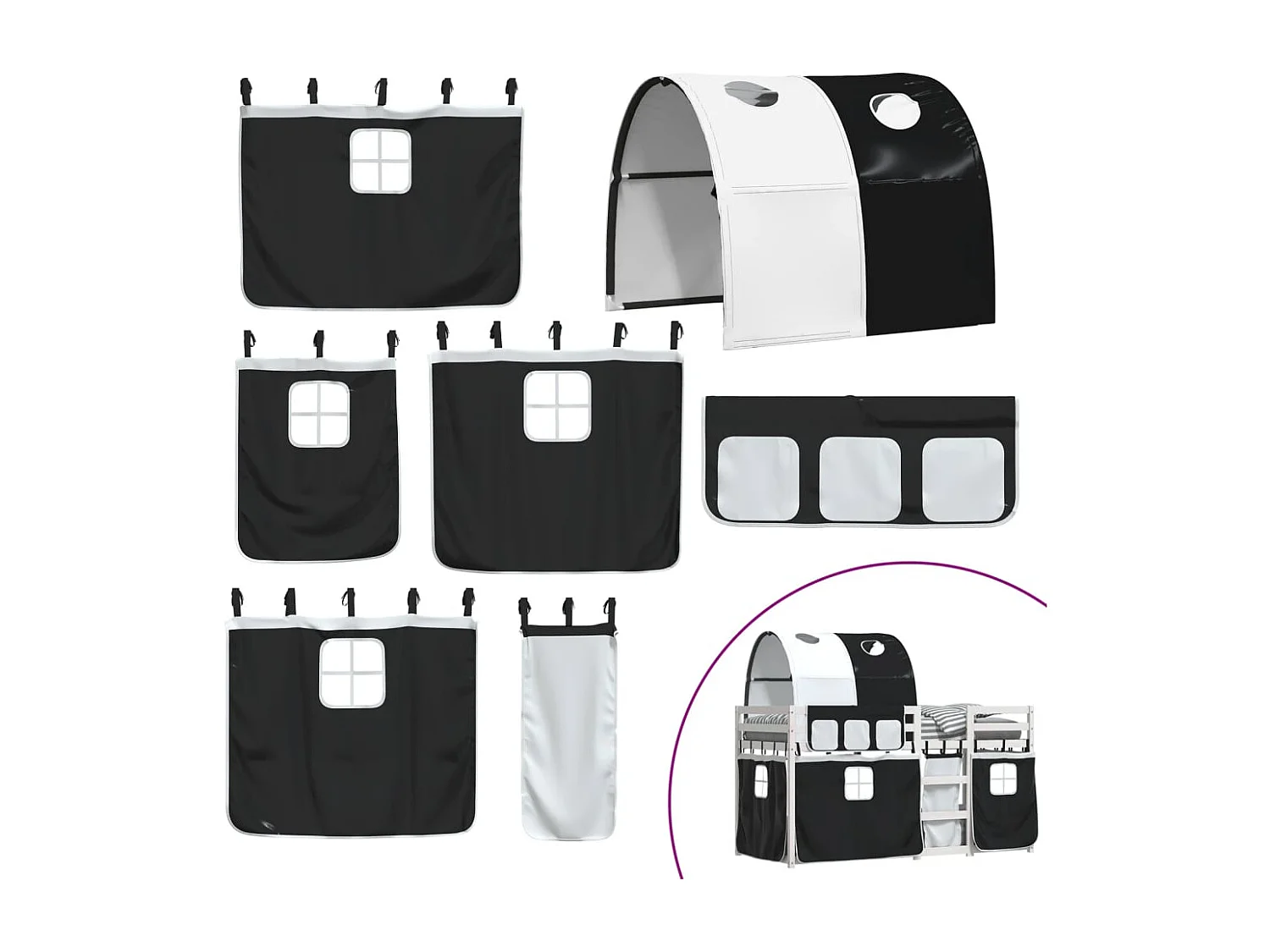 Lit superposé avec rideaux blanc-noir 80x200 bois pin massif