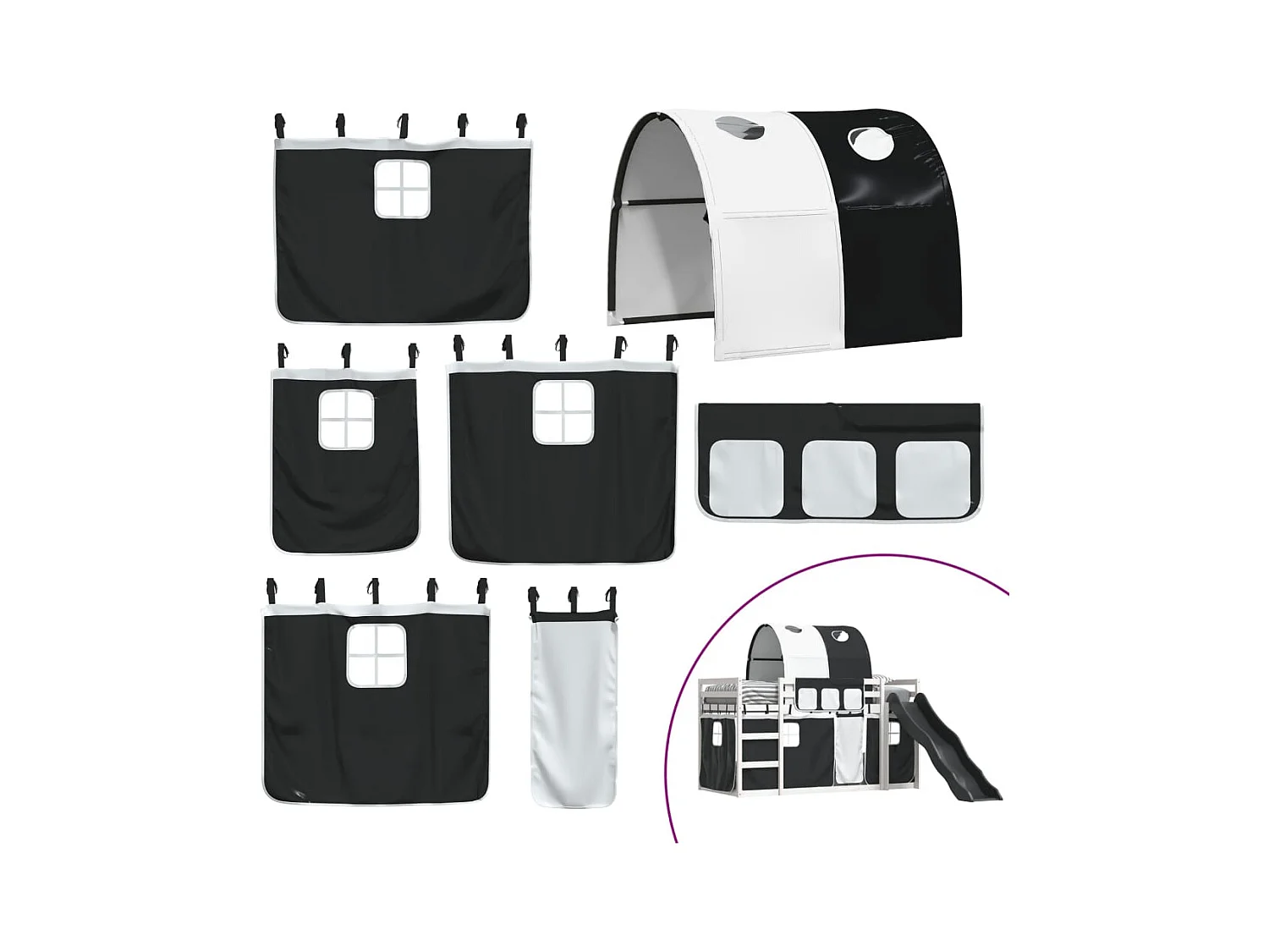 Etagenbett mit Rutsche und Gardinen Weiß und Schwarz 80x200 cm