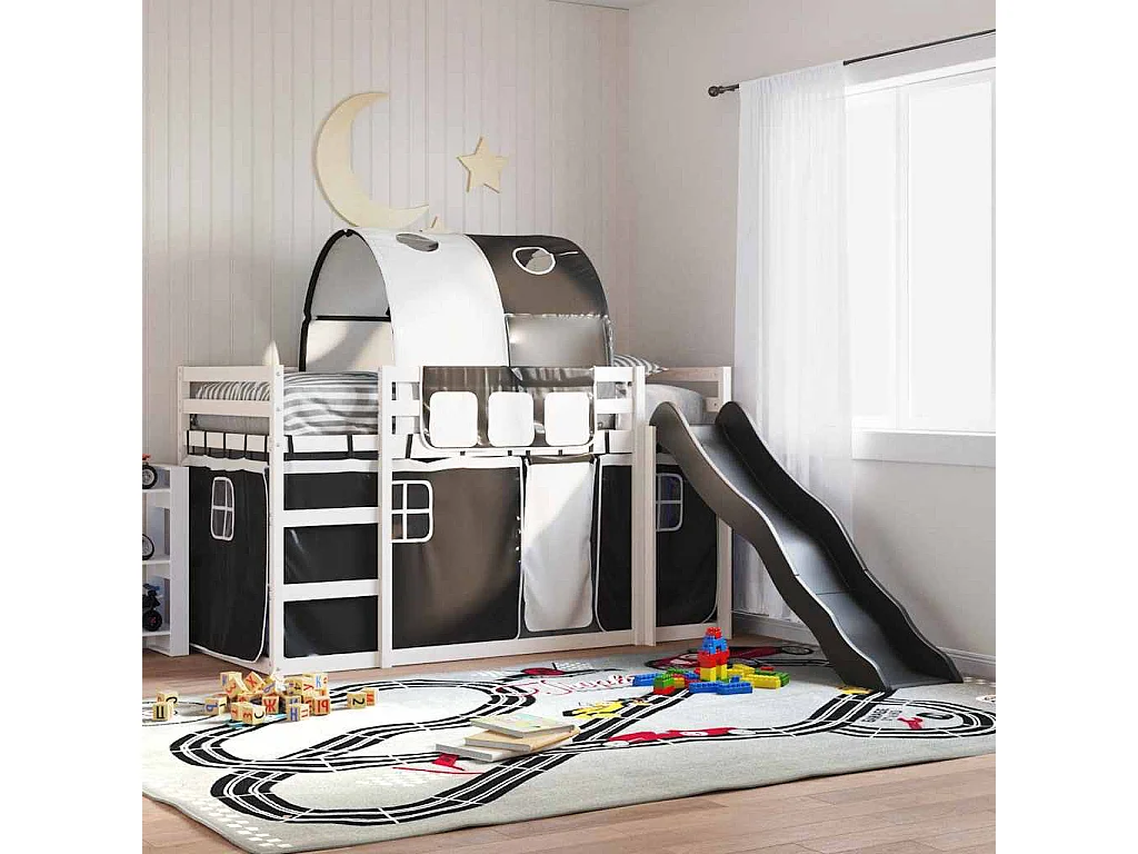 Etagenbett mit Rutsche und Gardinen Weiß und Schwarz 80x200 cm