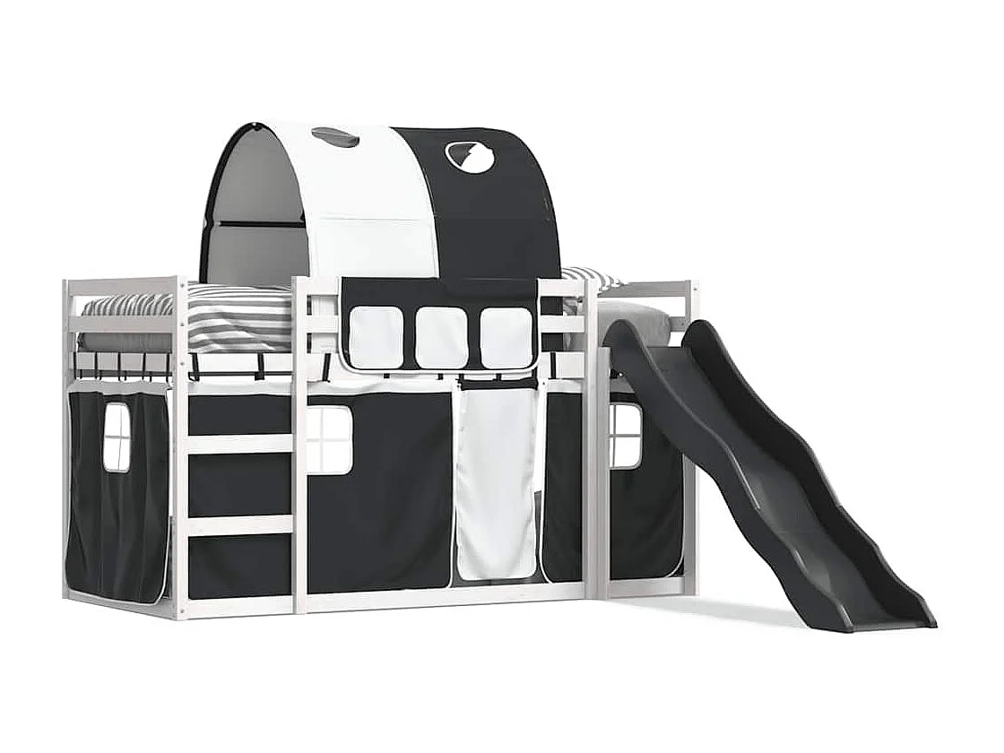 Etagenbett mit Rutsche und Gardinen Weiß und Schwarz 80x200 cm