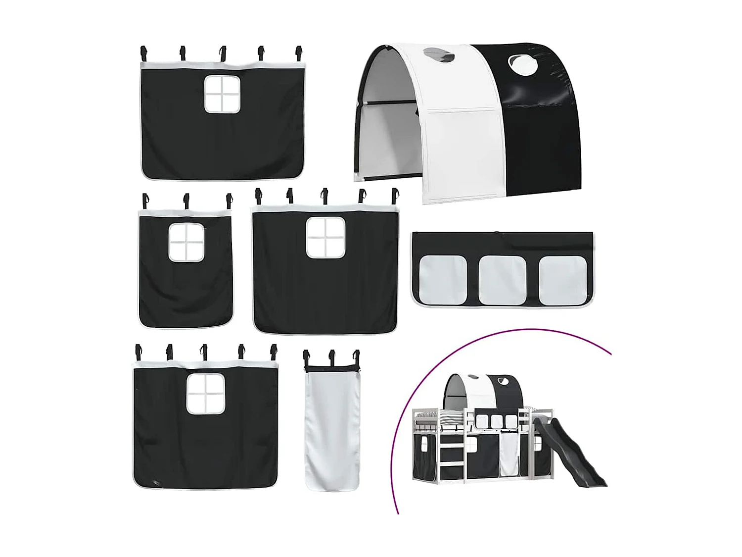 Etagenbett mit Rutsche und Gardinen Weiß und Schwarz 80x200 cm