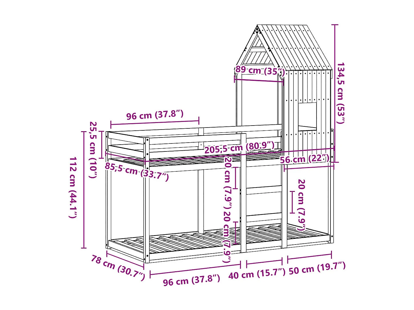Lit superposé sans matelas blanc 80x200 cm bois de pin massif