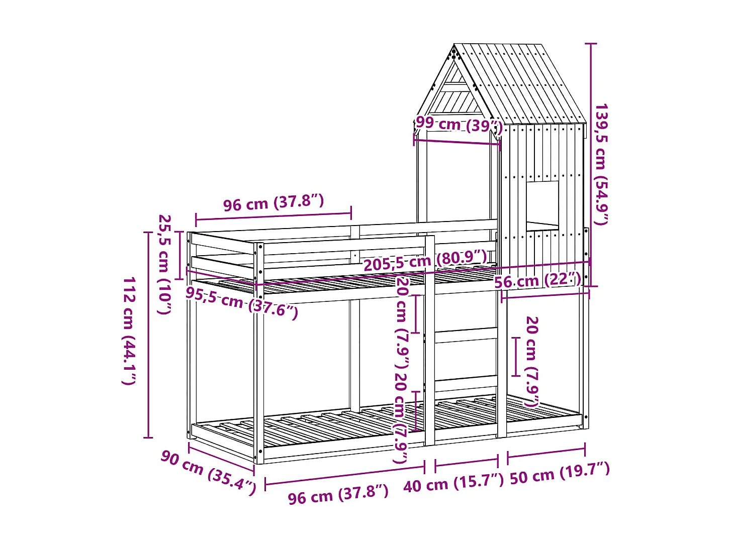Lit superposé sans matelas blanc 90x200 cm bois de pin massif