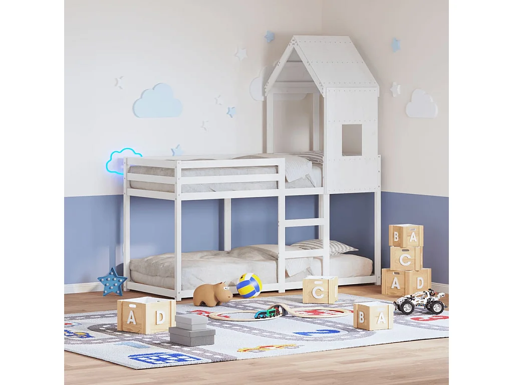 Letto a Castello con Tetto Bianco 90x200 cm in Legno di Pino
