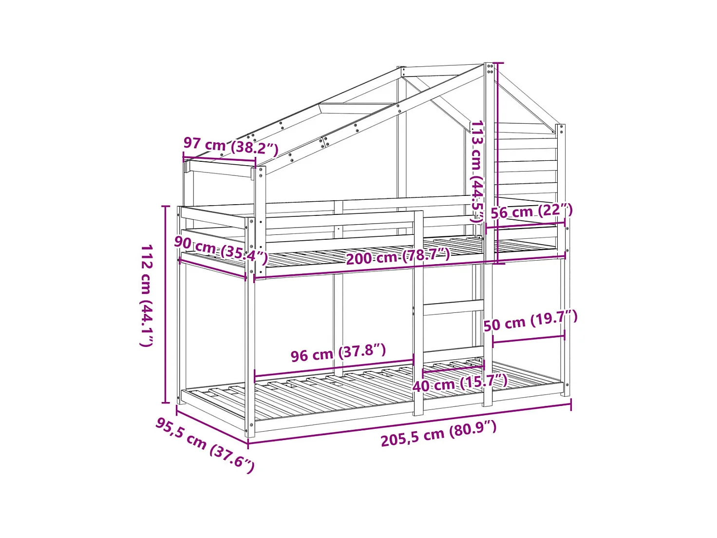 Lit superposé sans matelas 90x200 cm bois de pin massif