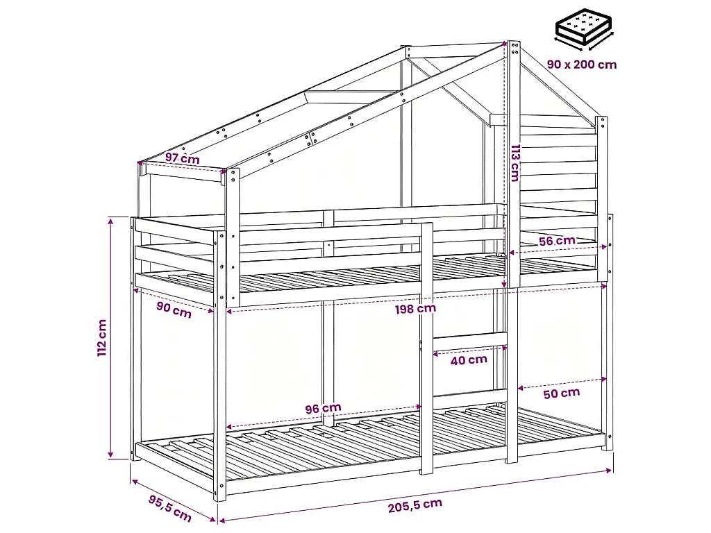 Lit superposé sans matelas 90x200 cm bois de pin massif