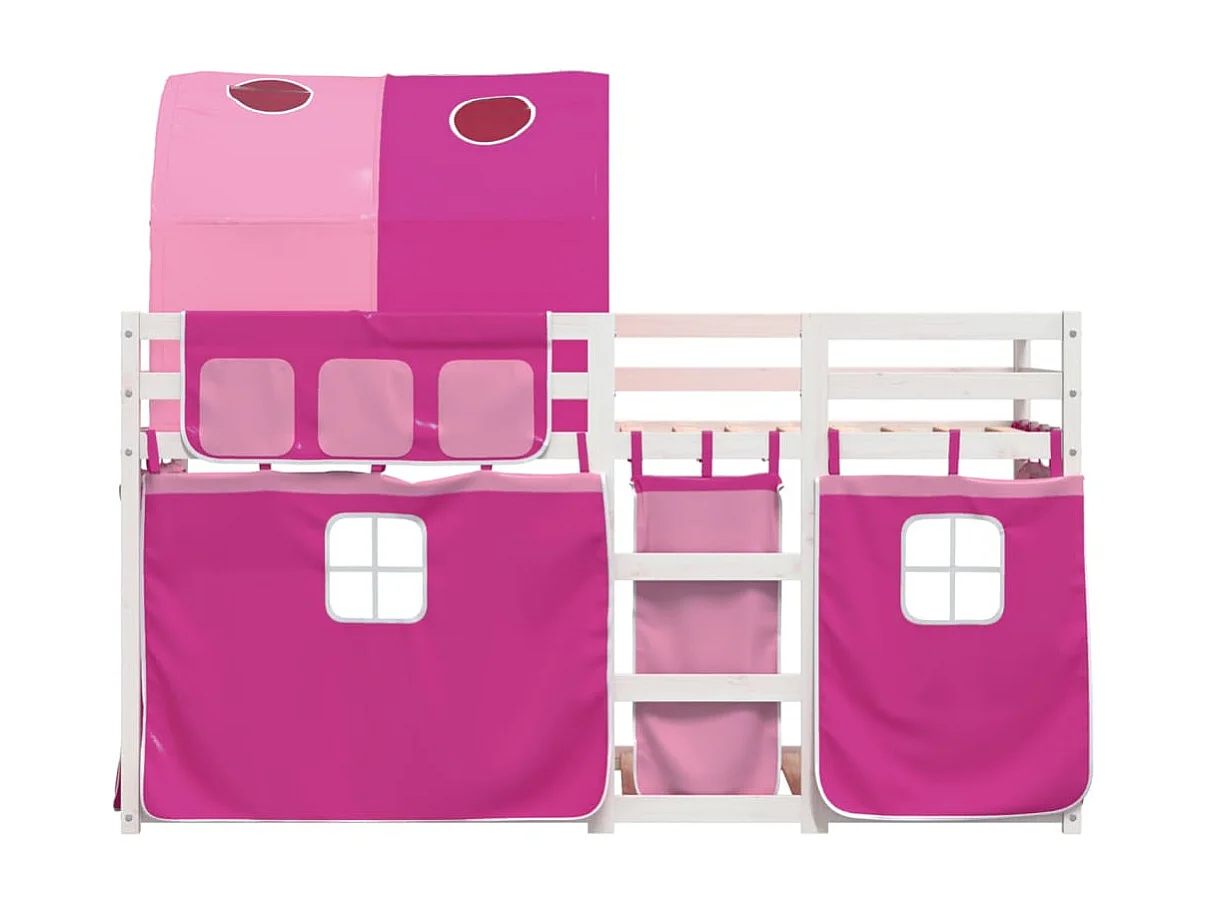 Lit superposé avec rideaux rose 90x200 bois pin massif