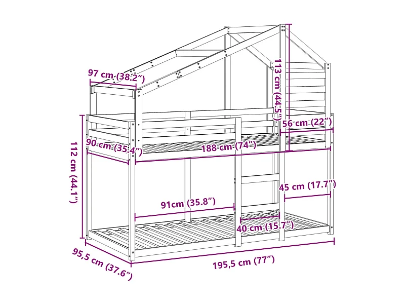 Letto a Castello senza Materasso 90x190 cm Legno di Pino