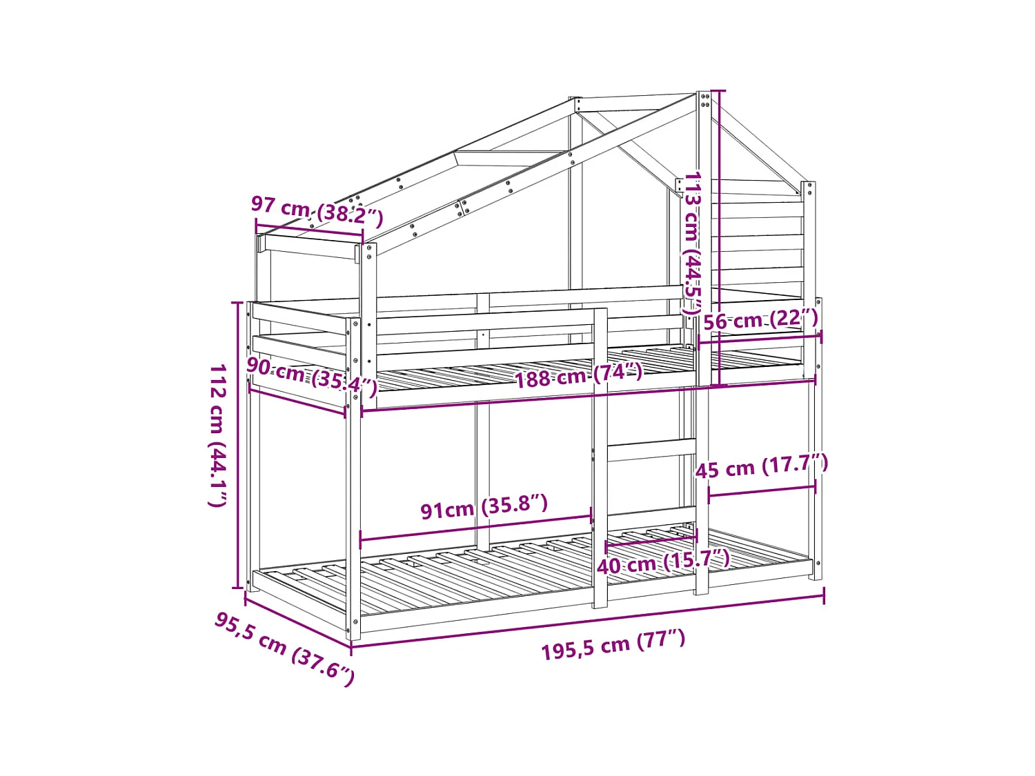 Lit superposé sans matelas 90x190 cm bois de pin massif