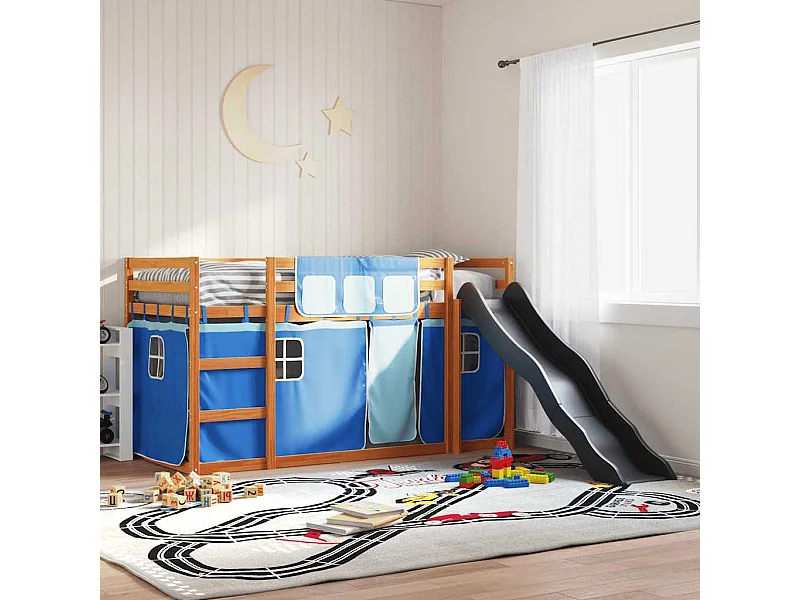 Letto a Castello con Scivolo e Tende Blu 90x200 cm