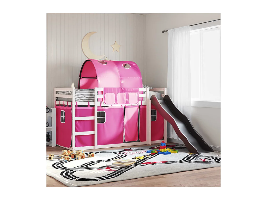 Letto a Castello con Scivolo e Tende Rosa 80x200 cm