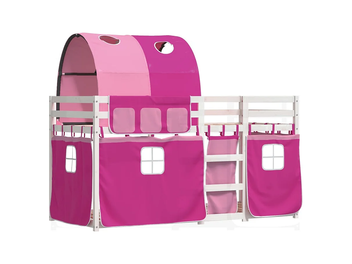 Lit superposé avec rideaux rose 90x200 bois pin massif