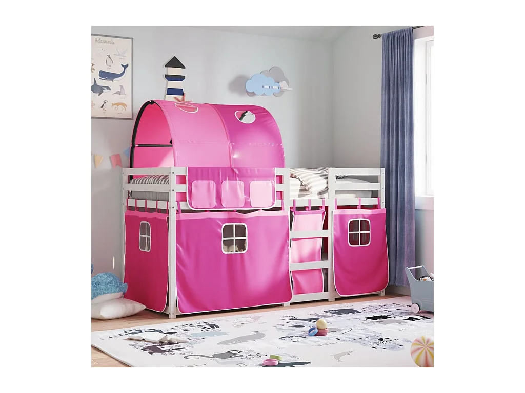 Lit superposé avec rideaux rose 90x200 bois pin massif