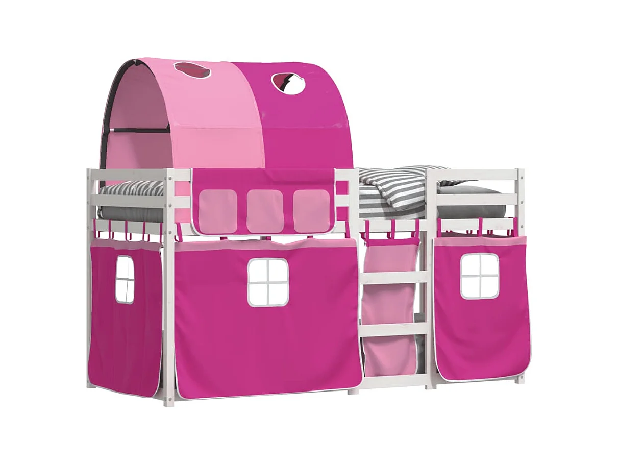 Lit superposé avec rideaux rose 90x200 bois pin massif