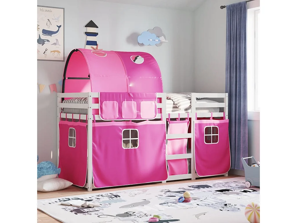 Lit superposé avec rideaux rose 90x200 bois pin massif