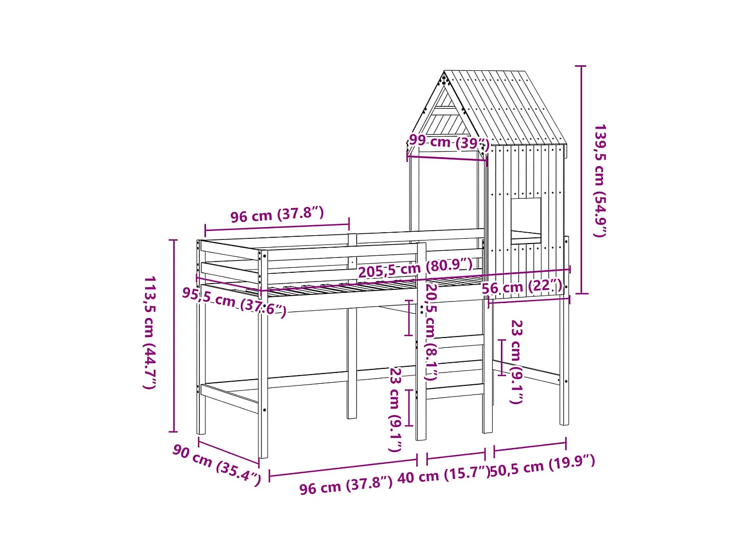 Letto Soppalco con Scala e Tetto 90x200 cm Legno Massello Pino