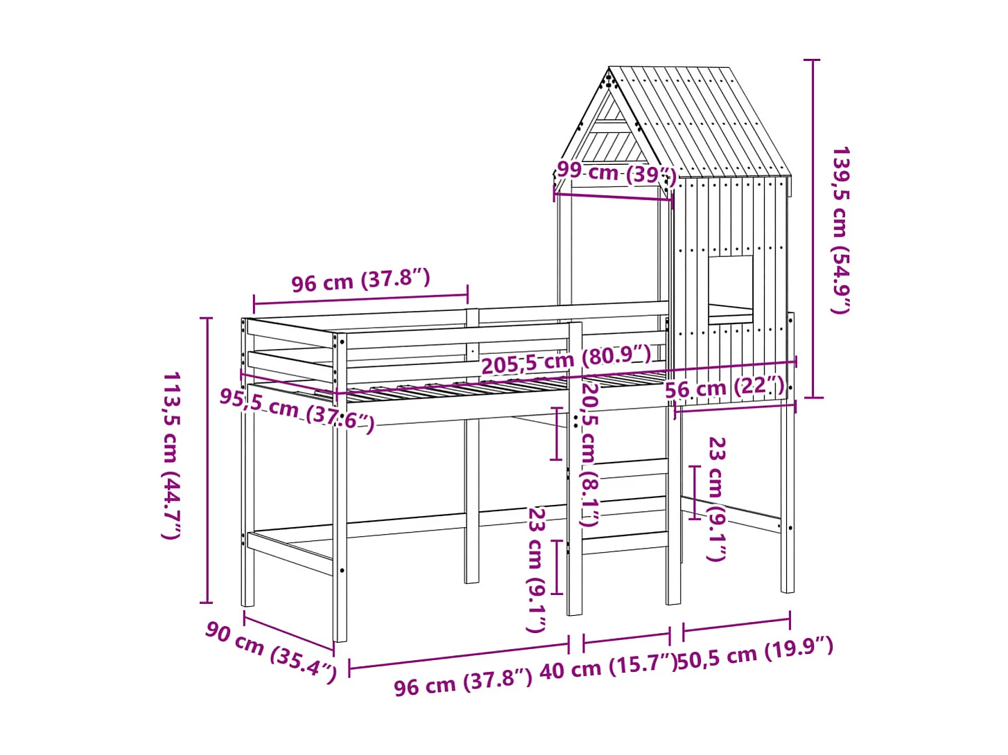 Hochbett mit Leiter und Dach 90x200 cm Massivholz Kiefer