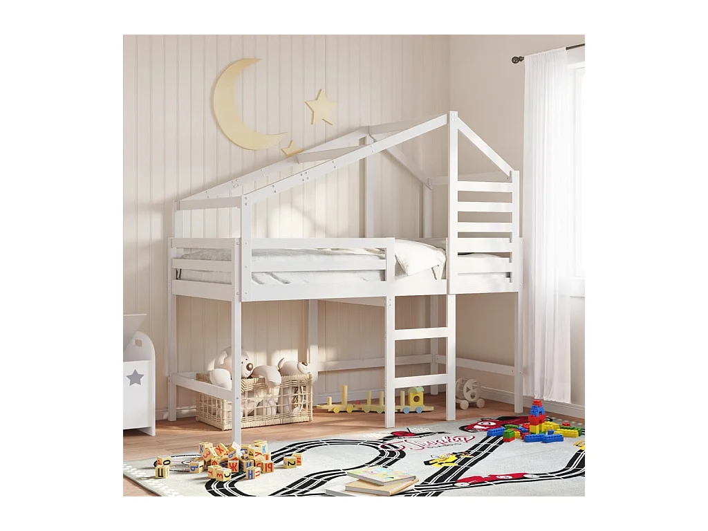 Letto Soppalco con Scala e Tetto Bianco 90x190 cm Massello Pino