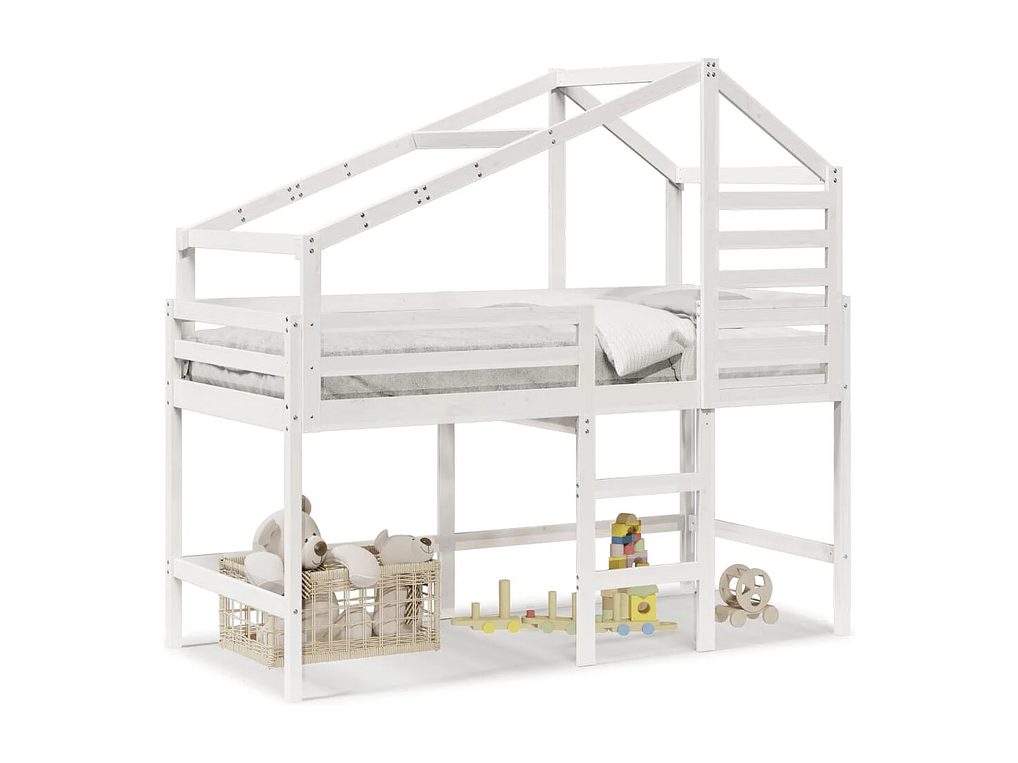 Cama alta c/ escada e telhado 90x190 cm pinho maciço branco