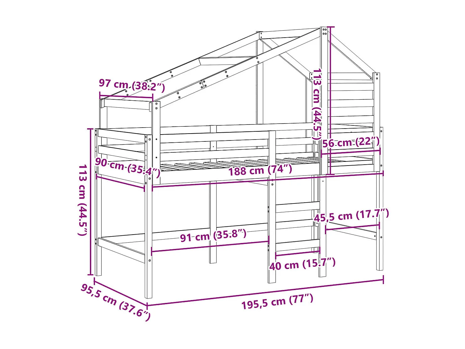 Cama alta c/ escada e telhado 90x190 cm pinho maciço branco