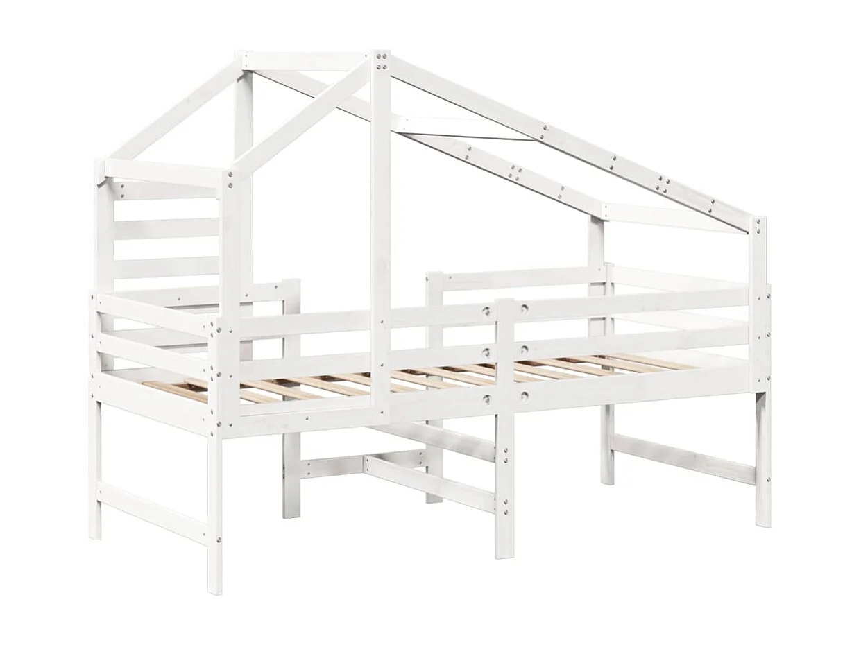 Cama alta c/ escada e telhado 90x190 cm pinho maciço branco