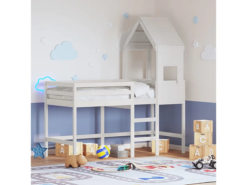 Hochbett mit Leiter und Dach Weiß 90x190 cm Massivholz Kiefer