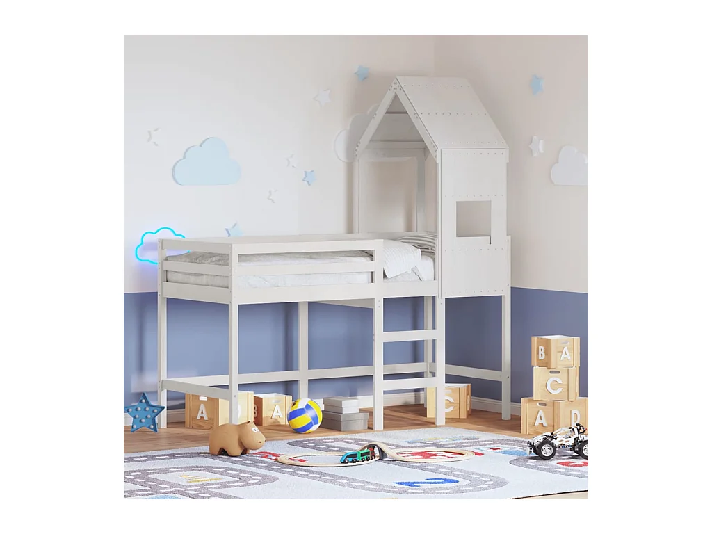 Lit superposé avec échelle et toit sans matelas blanc 90x190 cm