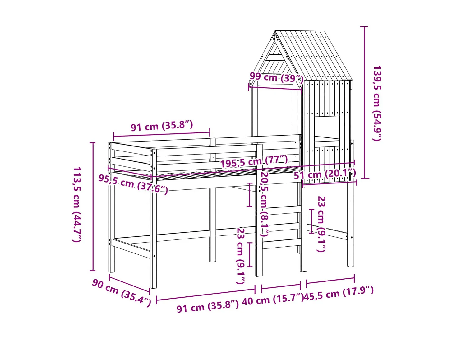 Lit superposé avec échelle et toit sans matelas blanc 90x190 cm