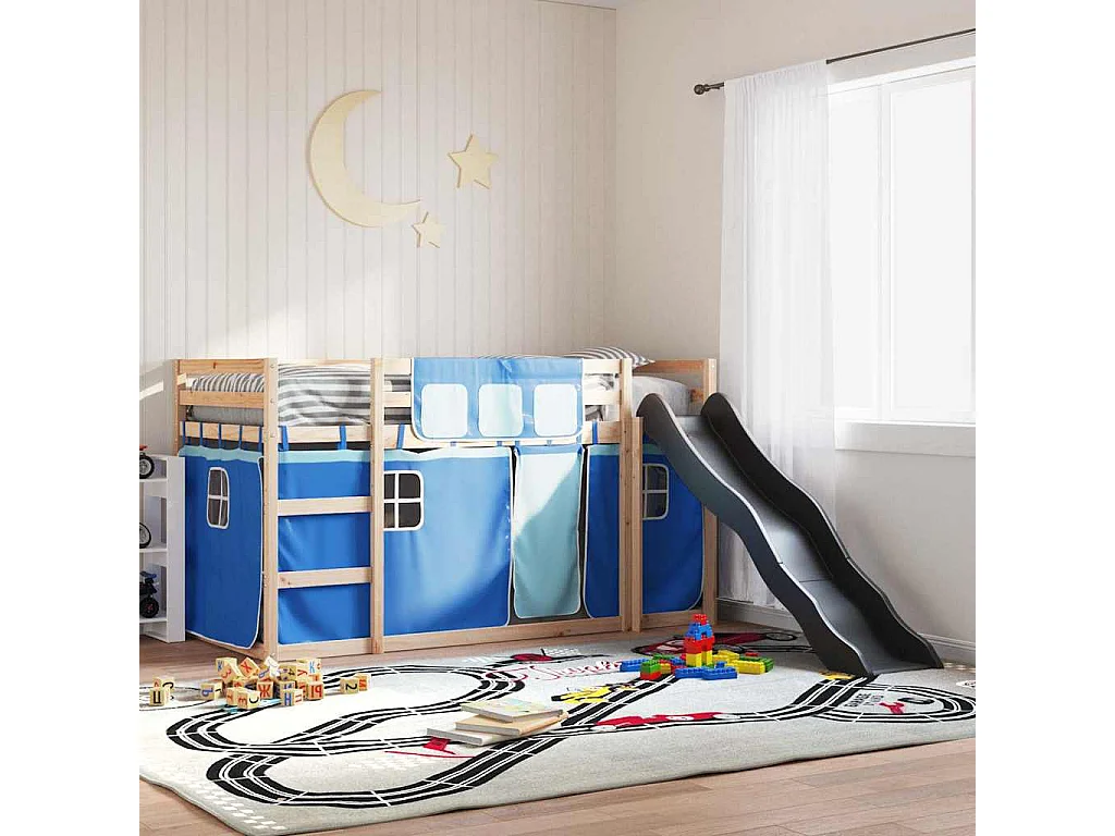 Etagenbett mit Rutsche und Gardinen Blau 80x200 cm