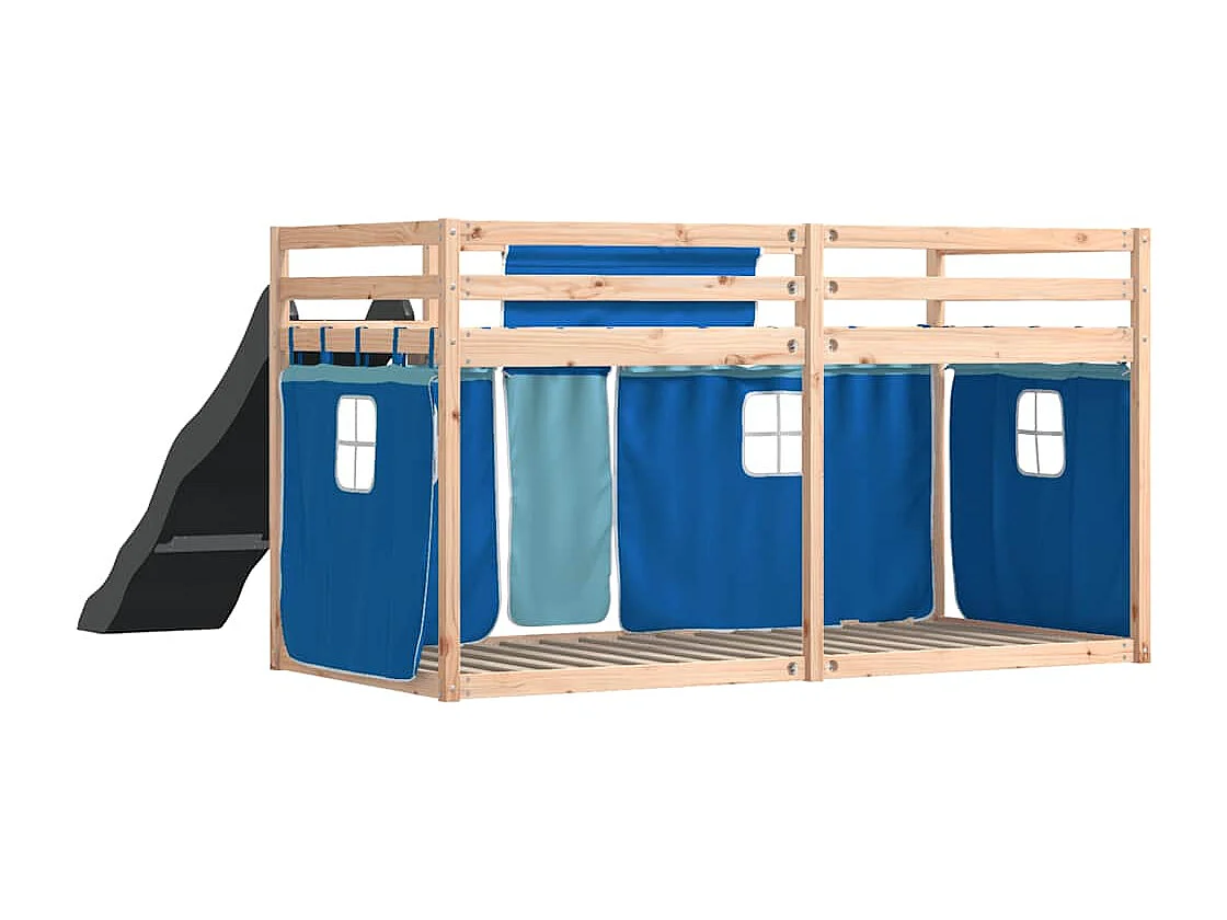 Etagenbett mit Rutsche und Gardinen Blau 80x200 cm