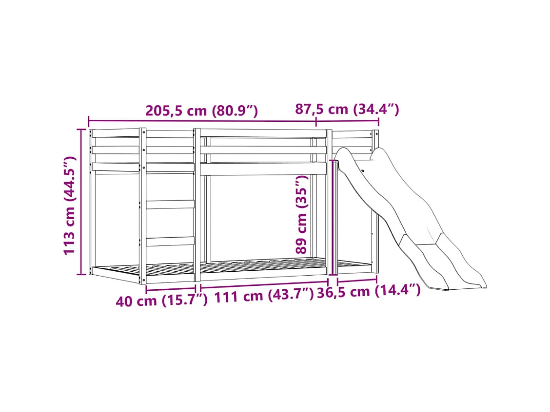 Etagenbett mit Rutsche und Gardinen Weiß und Schwarz 80x200 cm