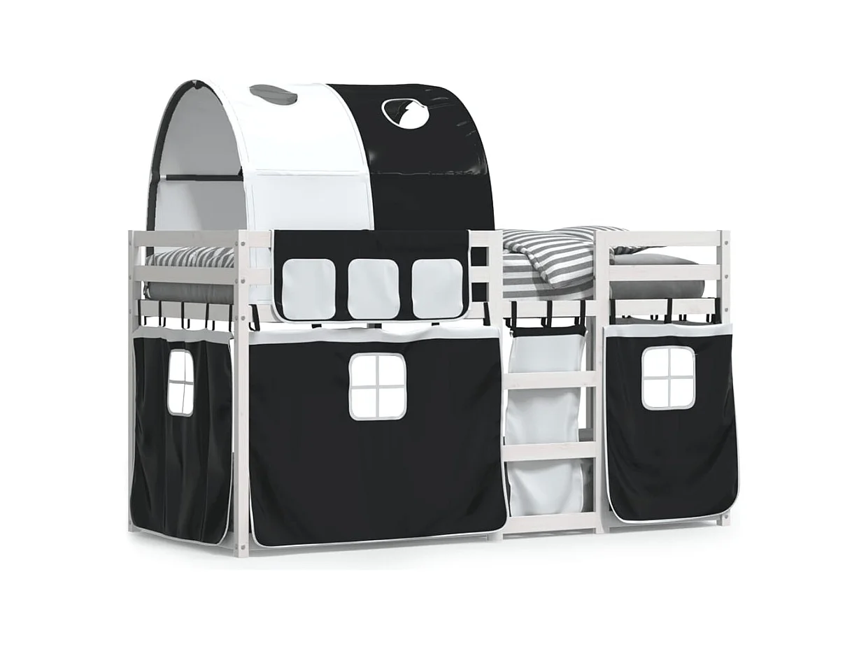 Lit superposé avec rideaux blanc-noir 90x200 bois pin massif