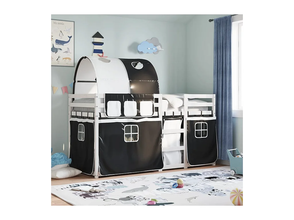 Lit superposé avec rideaux blanc-noir 90x200 bois pin massif