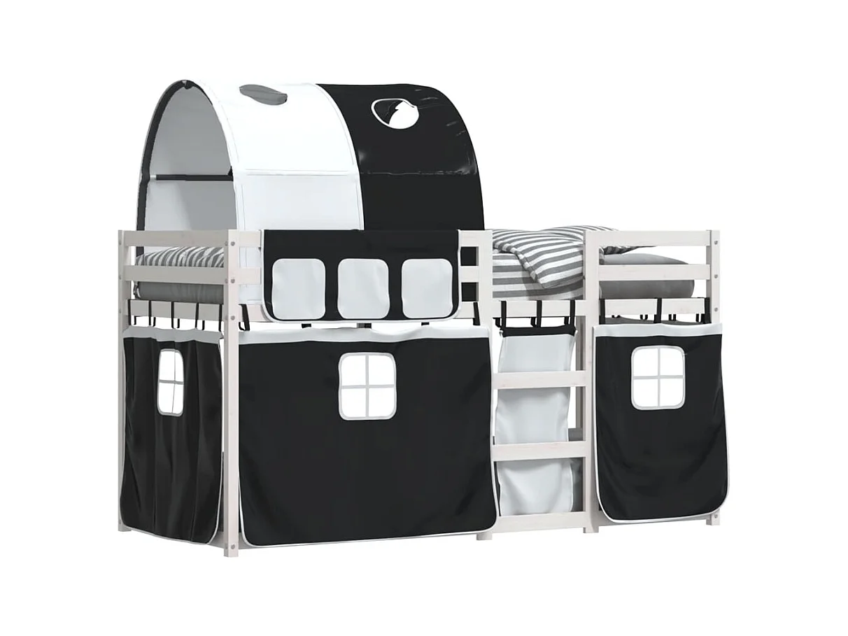 Lit superposé avec rideaux blanc-noir 90x200 bois pin massif