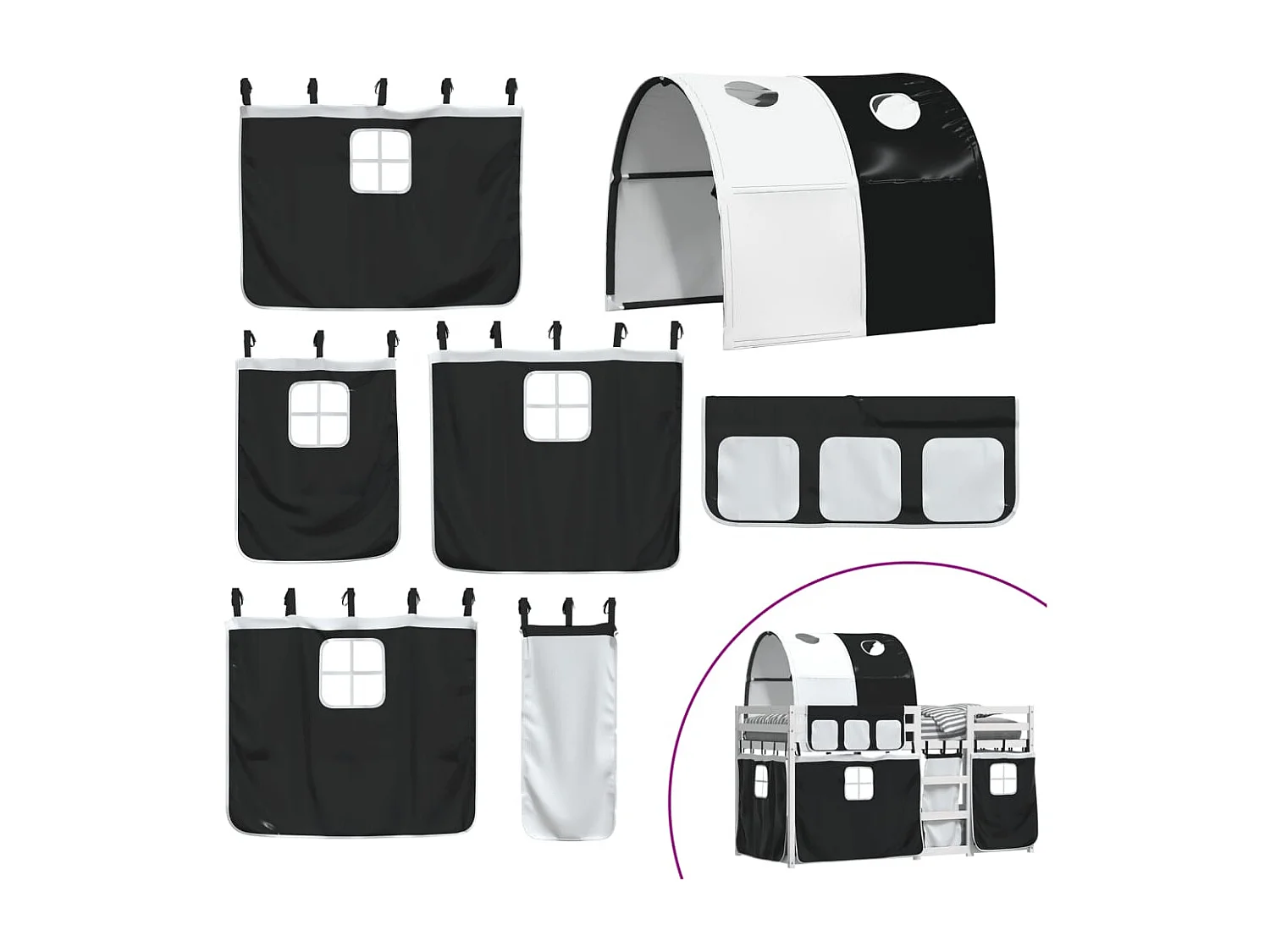 Lit superposé avec rideaux blanc-noir 90x200 bois pin massif