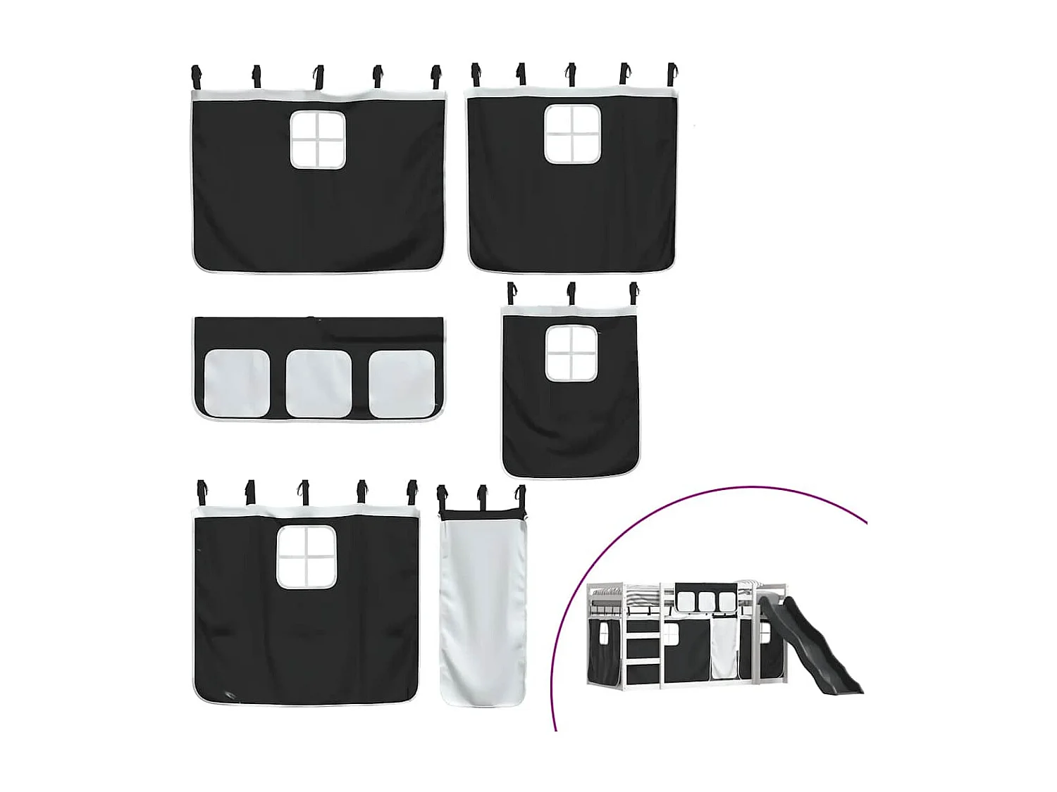 Etagenbett mit Rutsche und Gardinen Weiß und Schwarz 80x200 cm