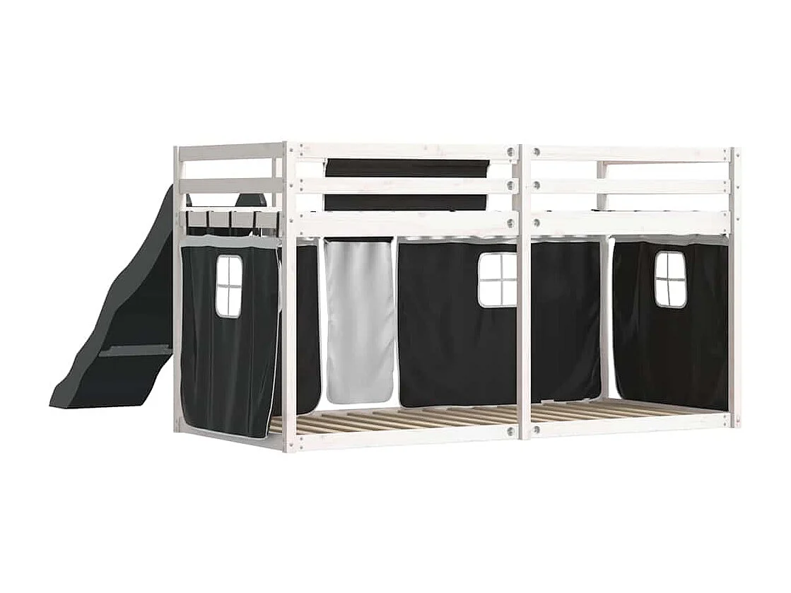 Etagenbett mit Rutsche und Gardinen Weiß und Schwarz 80x200 cm