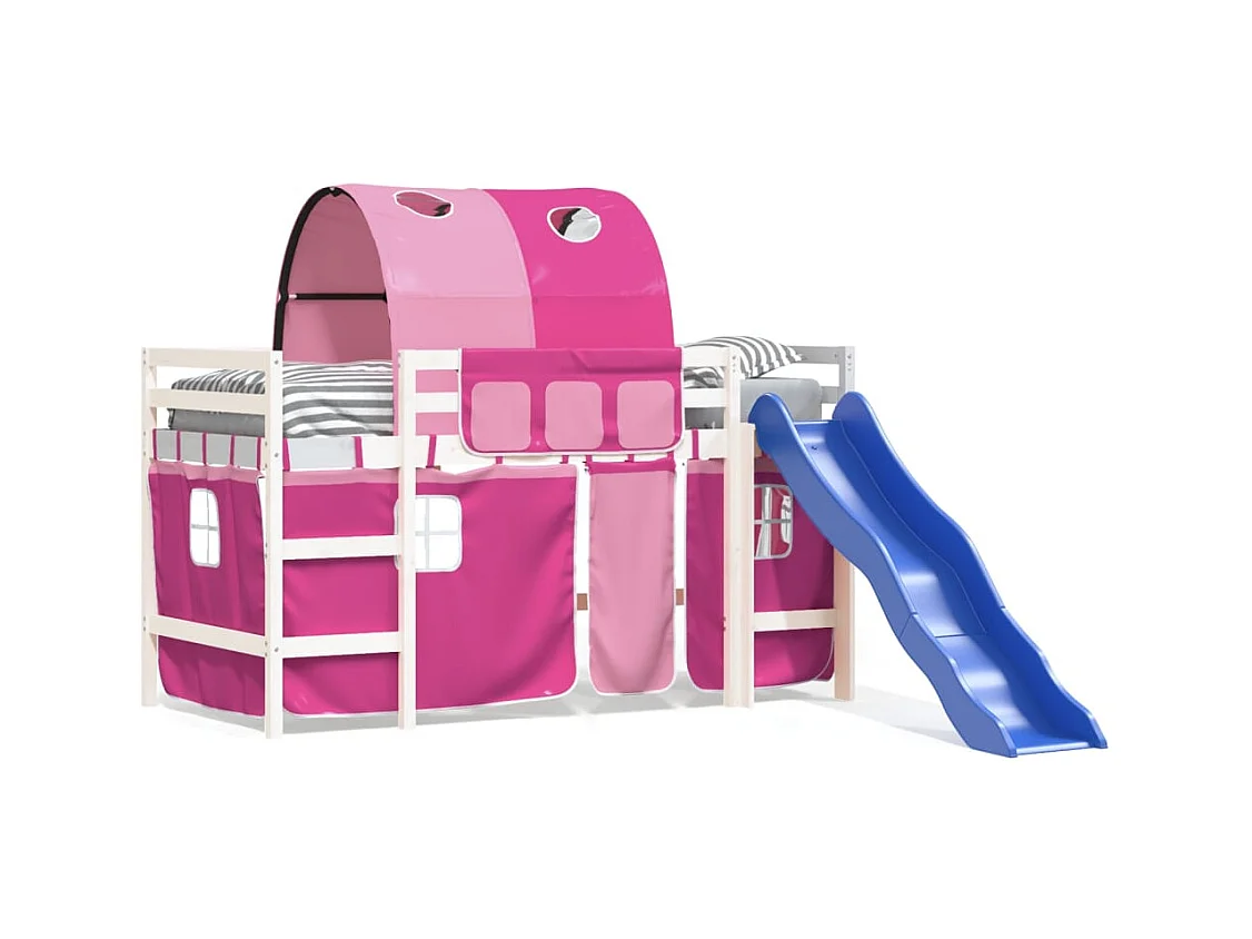 Lit mezzanine enfants avec tunnel rose 80x200 bois pin massif