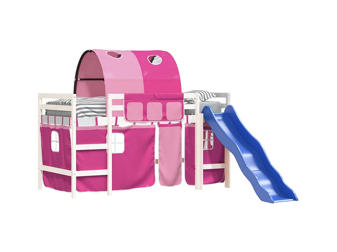 Lit mezzanine enfants avec tunnel rose 80x200 bois pin massif