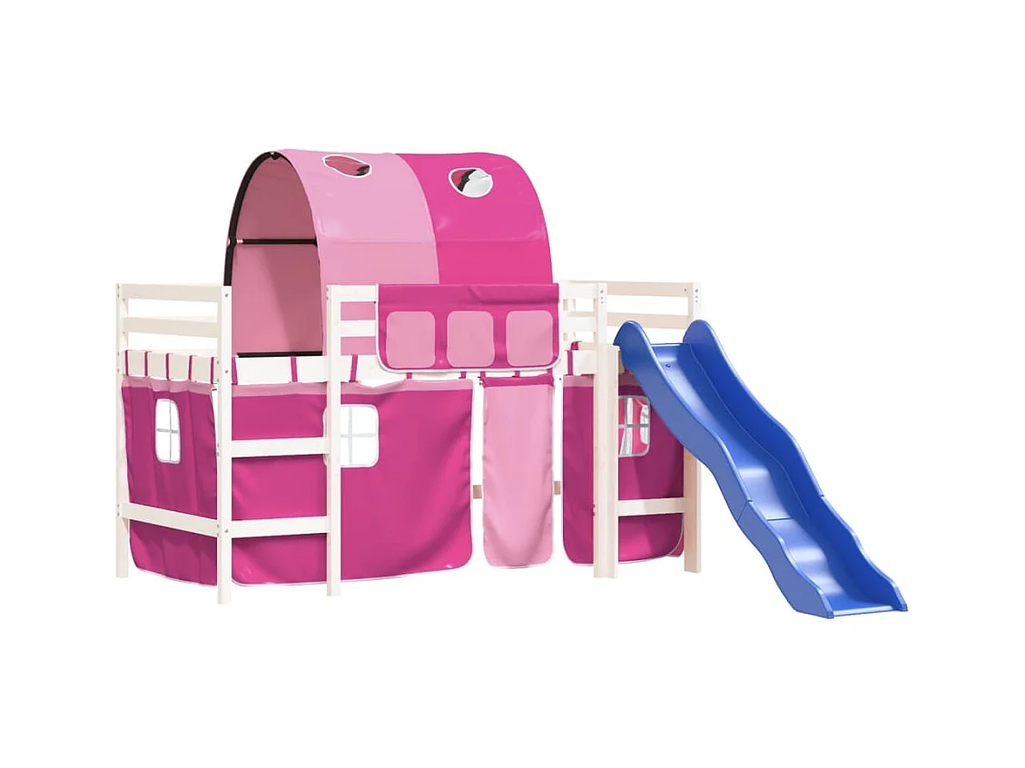 Lit mezzanine enfants avec tunnel rose 80x200 bois pin massif