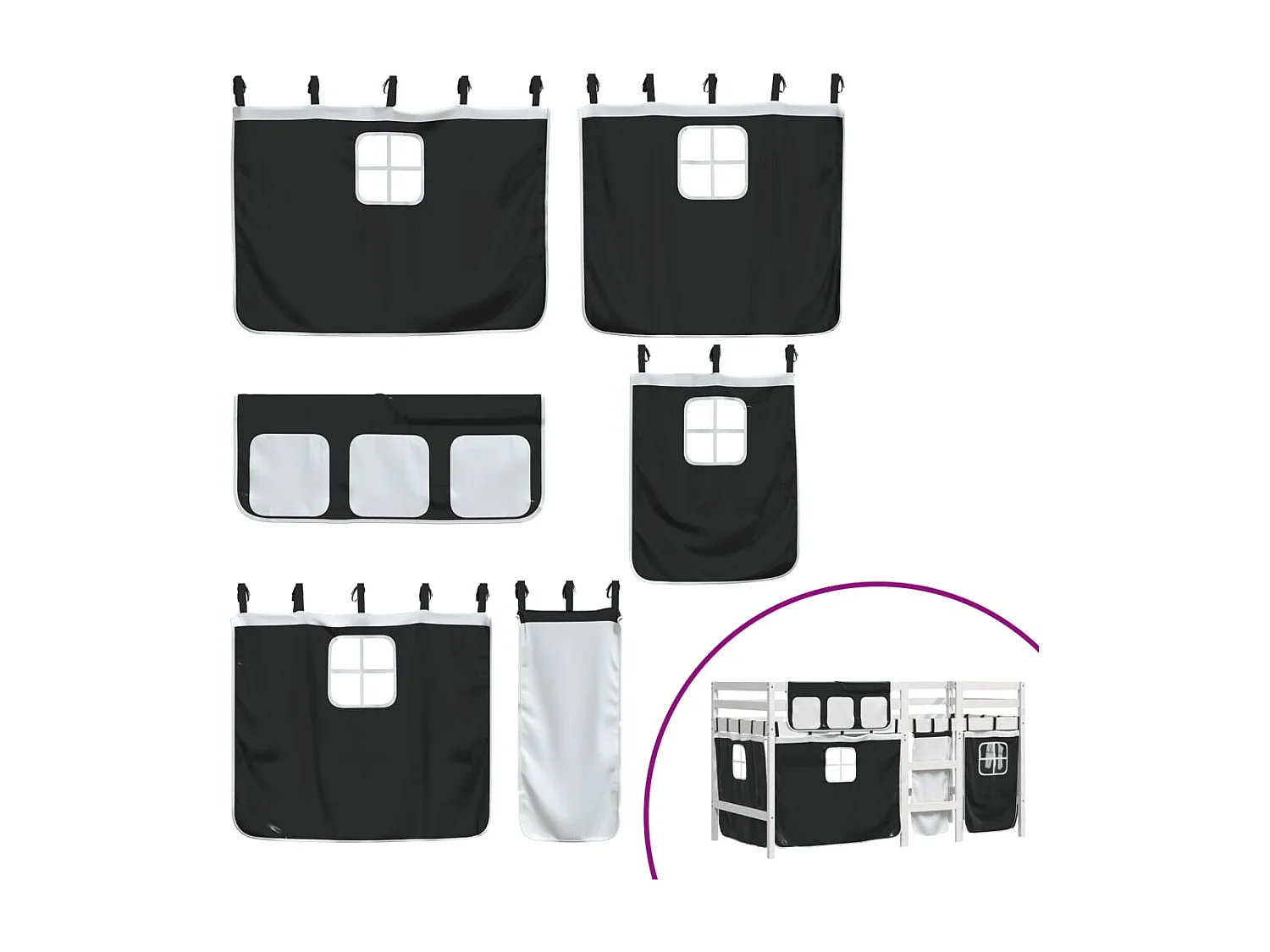 Cama alta criança c/ cortina 80x200cm pinho maciço branco/preto