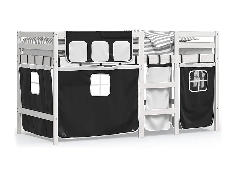 Cama alta criança c/ cortina 80x200cm pinho maciço branco/preto