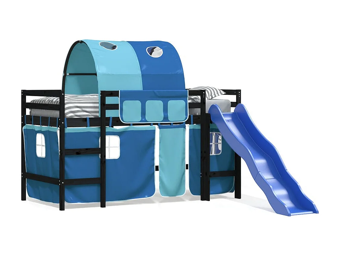 Lit mezzanine enfants avec tunnel bleu 80x200 bois pin massif