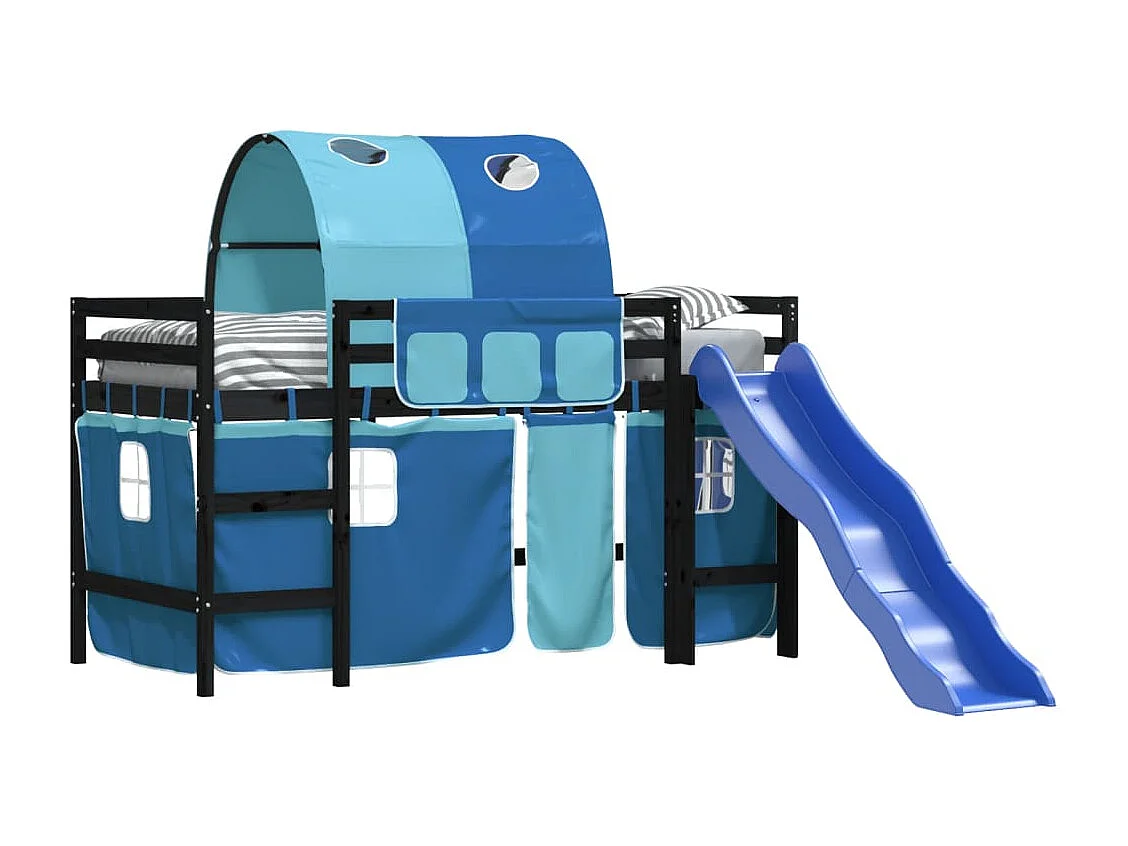 Lit mezzanine enfants avec tunnel bleu 80x200 bois pin massif