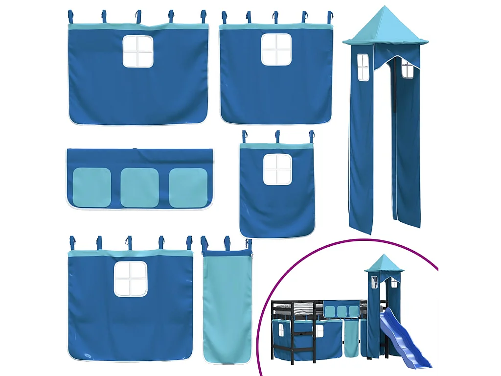 Lit mezzanine enfants avec tour bleu 80x200 bois pin massif