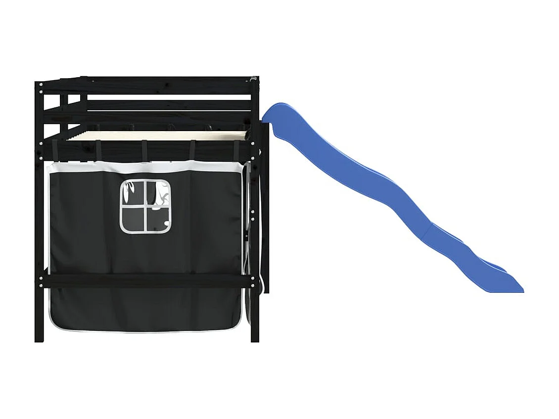 Lit mezzanine enfants et rideaux blanc-noir 80x200 pin massif