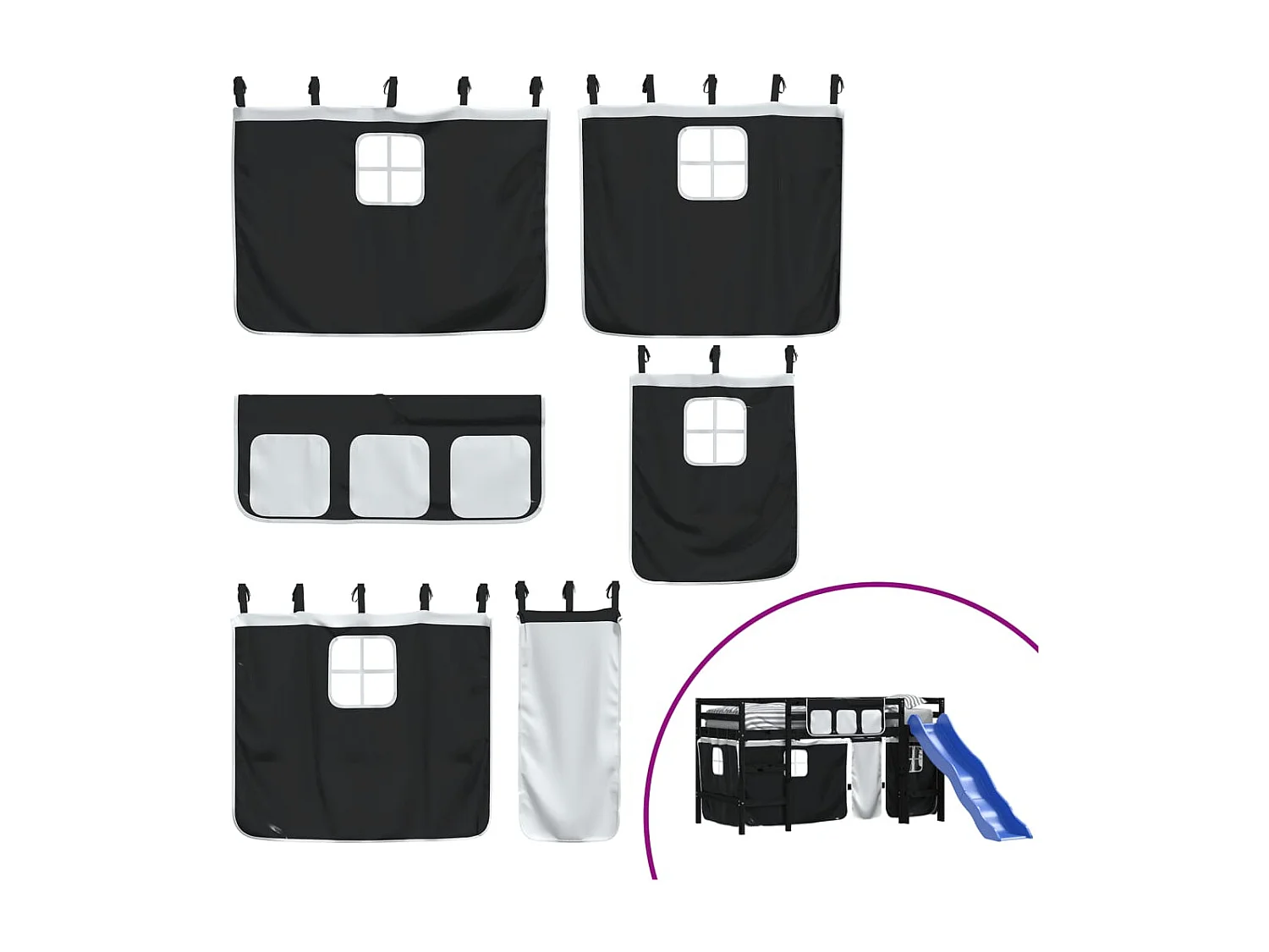 Lit mezzanine enfants et rideaux blanc-noir 80x200 pin massif