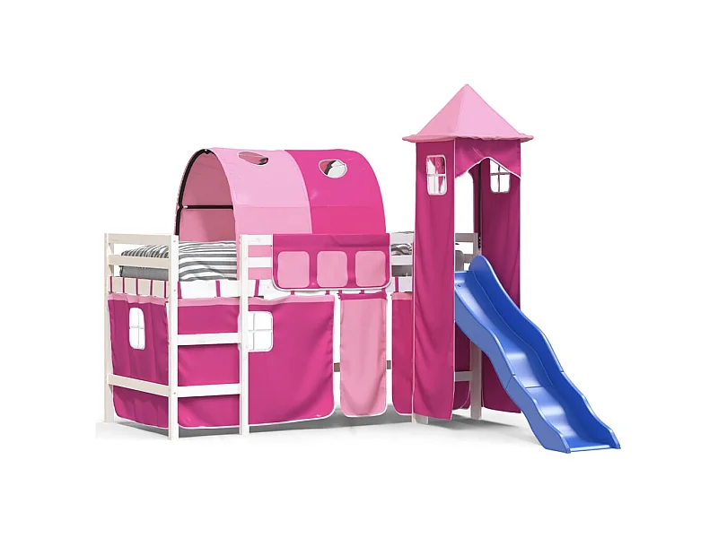 Lit mezzanine enfants avec tour rose 80x200 bois pin massif