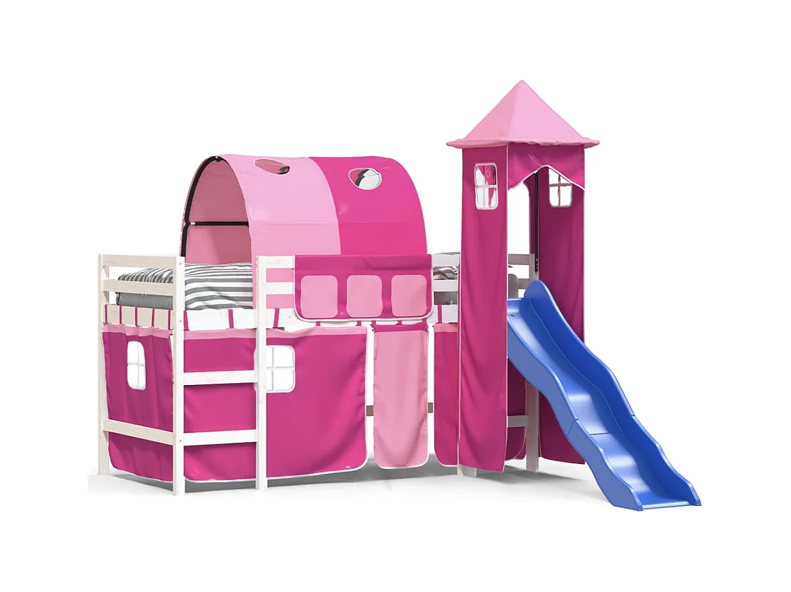 Lit mezzanine enfants avec tour rose 80x200 bois pin massif