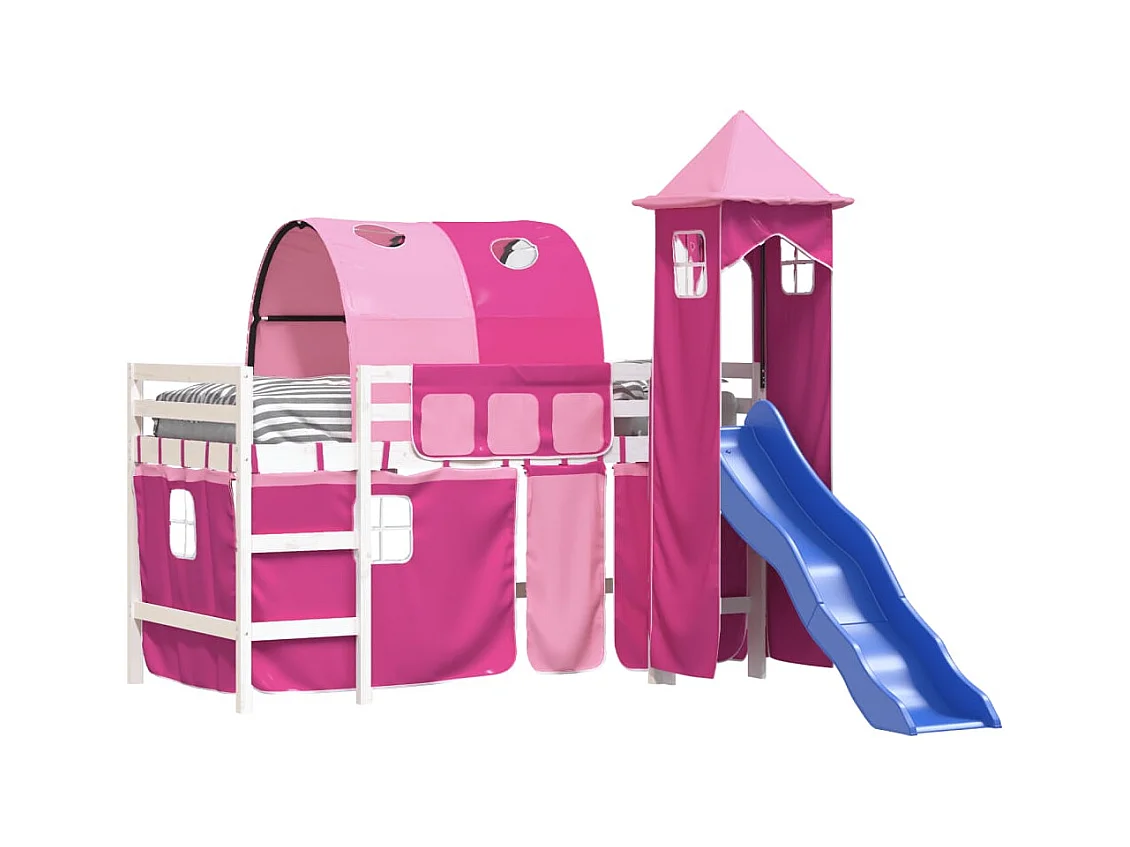 Lit mezzanine enfants avec tour rose 80x200 bois pin massif